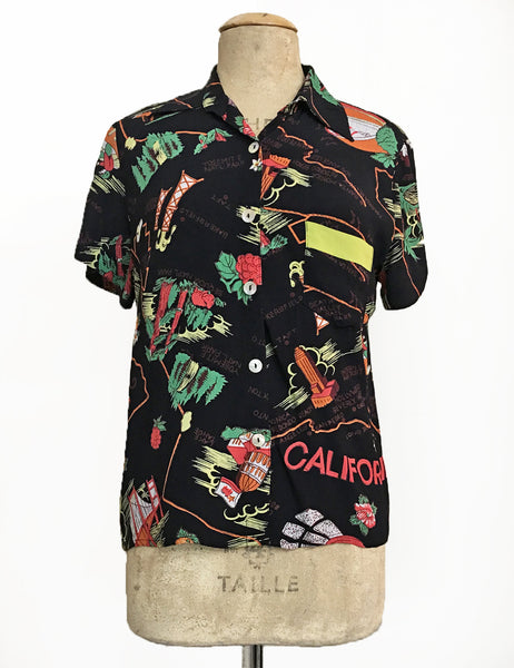Black California Map Souvenir Print Button Up Boyfriend Camp Shirt