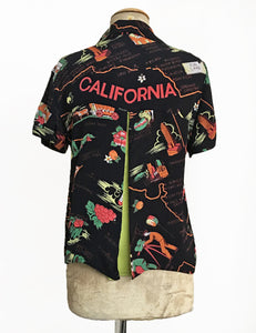 Black California Map Souvenir Print Button Up Boyfriend Camp Shirt