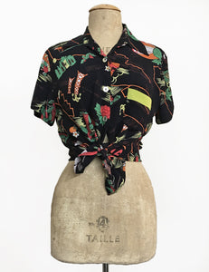 Black California Map Souvenir Print Button Up Boyfriend Camp Shirt