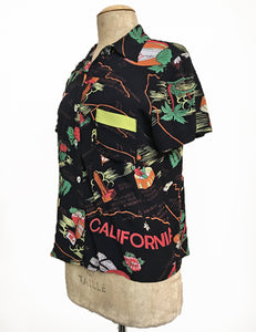 Black California Map Souvenir Print Button Up Boyfriend Camp Shirt