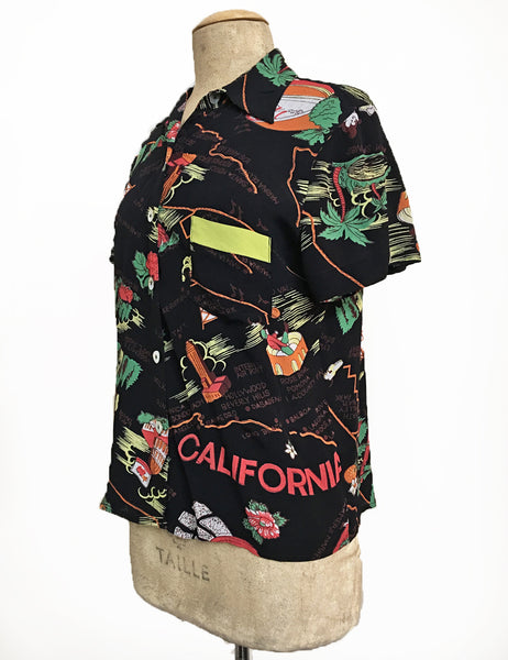 Black California Map Souvenir Print Button Up Boyfriend Camp Shirt
