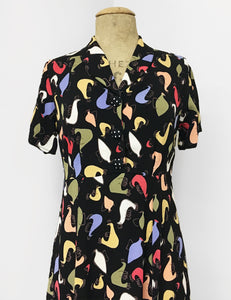 Pollo Loco Print 1940s Vintage Tea Length Short Sleeve Day Dress - FINAL SALE