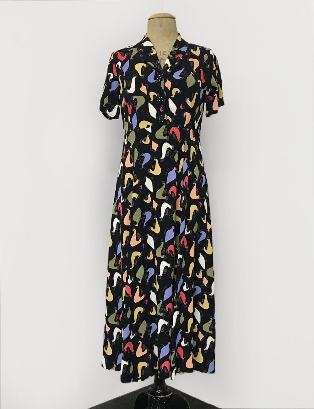 Pollo Loco Print 1940s Vintage Tea Length Short Sleeve Day Dress - FINAL SALE