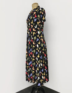 Pollo Loco Print 1940s Vintage Tea Length Short Sleeve Day Dress - FINAL SALE