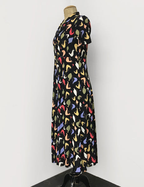 Pollo Loco Print 1940s Vintage Tea Length Short Sleeve Day Dress - FINAL SALE