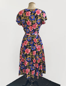 Vintage Style Black Watercolor Floral Megan Cowl Neck Dress