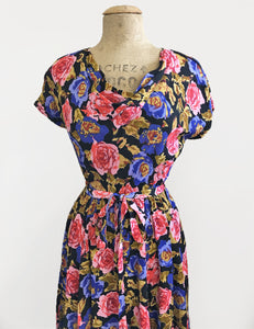 Vintage Style Black Watercolor Floral Megan Cowl Neck Dress