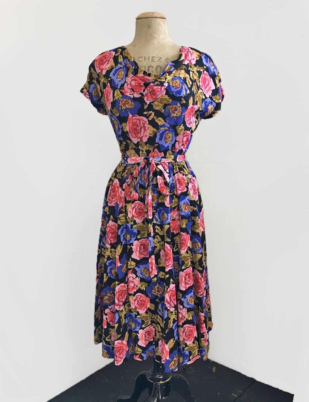 Vintage Style Black Watercolor Floral Megan Cowl Neck Dress