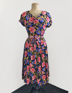 Vintage Style Black Watercolor Floral Megan Cowl Neck Dress