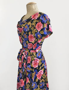 Vintage Style Black Watercolor Floral Megan Cowl Neck Dress