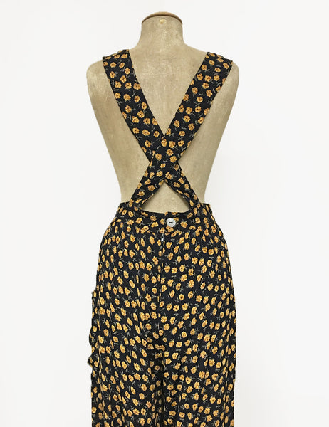 Black Dandelion Floral Retro Rosie 1940s Style Bib Overalls