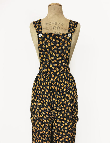 Black Dandelion Floral Retro Rosie 1940s Style Bib Overalls