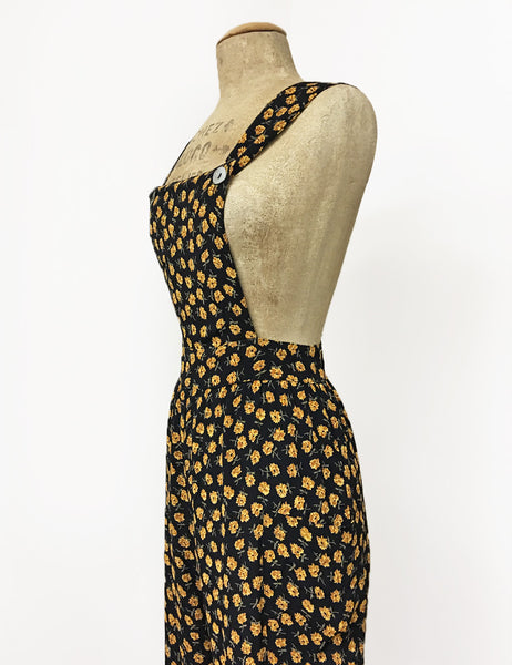 Black Dandelion Floral Retro Rosie 1940s Style Bib Overalls