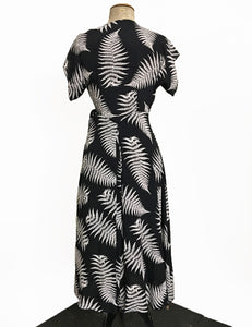 Black & White Fern Print Cascade Wrap Dress