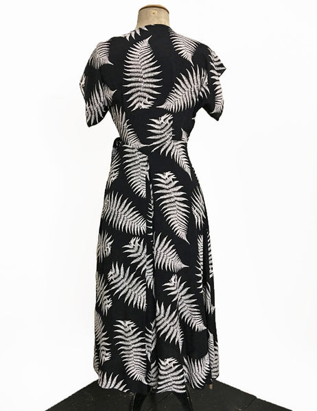 Black & White Fern Print Cascade Wrap Dress