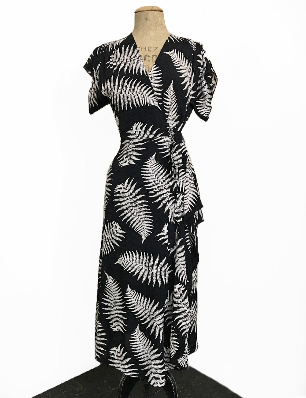 Black & White Fern Print Cascade Wrap Dress