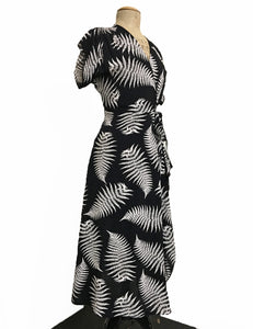 Black & White Fern Print Cascade Wrap Dress