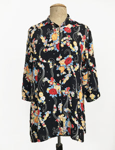 Black Floral Breeze Flyaway Button Up Tunic Top