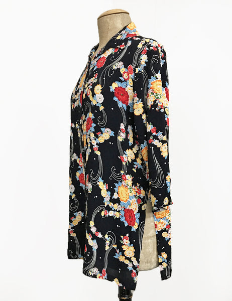 Black Floral Breeze Flyaway Button Up Tunic Top