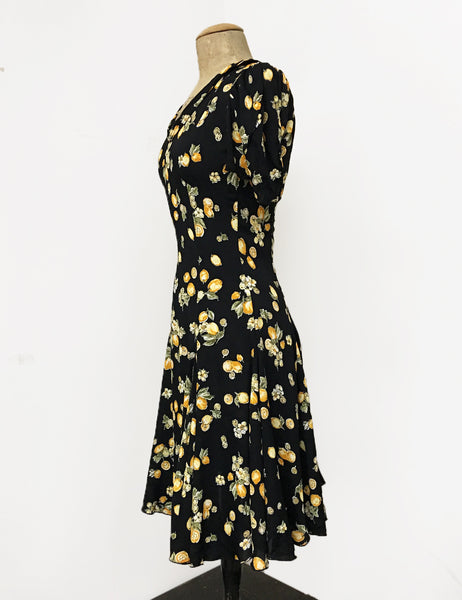 Black Vintage Lemon Print 1930s Venice Beach Balboa Swing Dress
