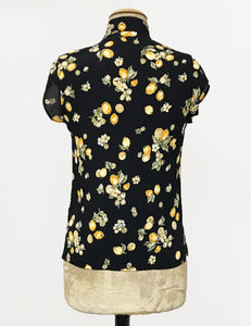 Black Lemon Print Mandarin Collar Button Up Tea Timer Top