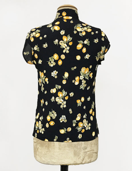Black Lemon Print Mandarin Collar Button Up Tea Timer Top