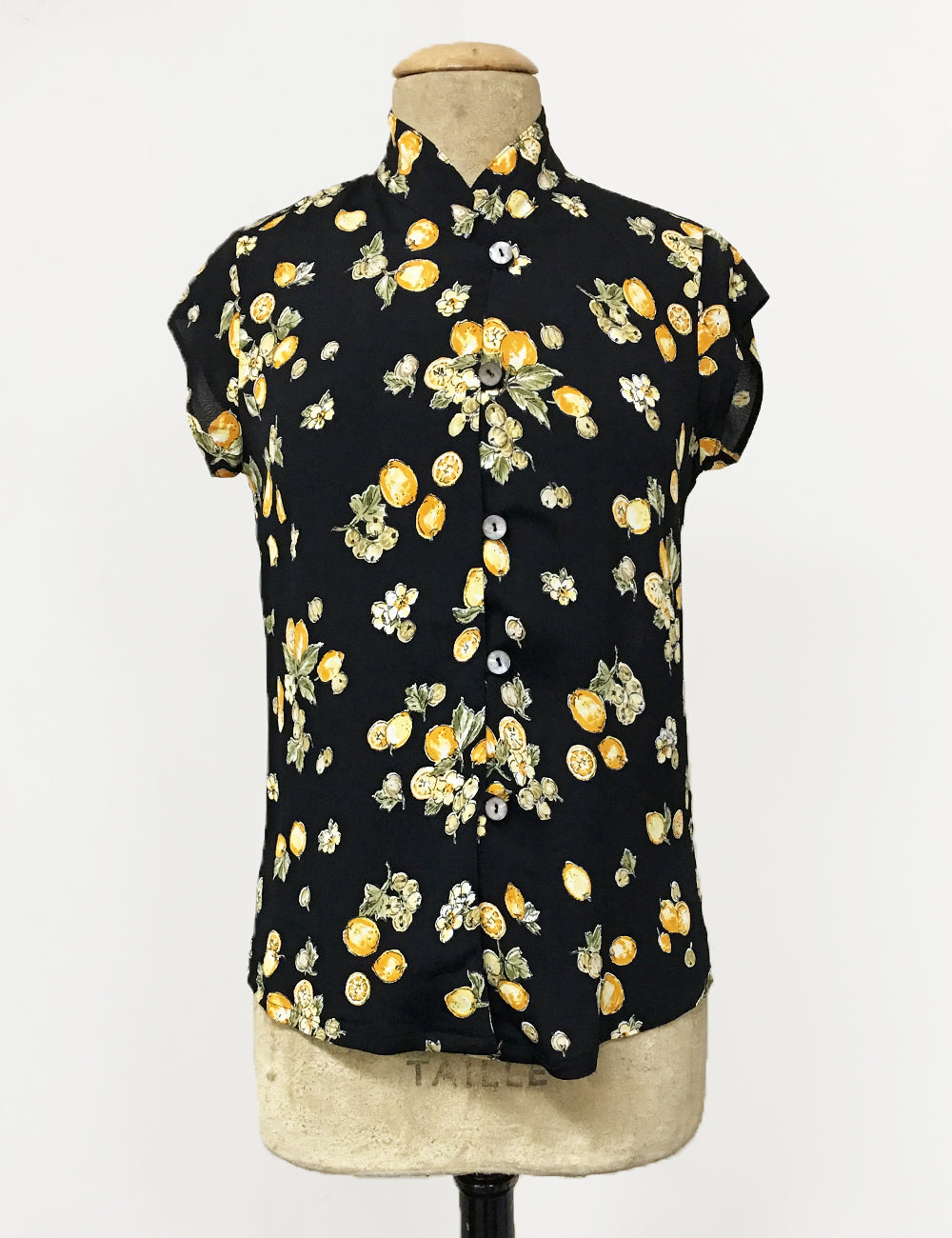 Black Lemon Print Mandarin Collar Button Up Tea Timer Top
