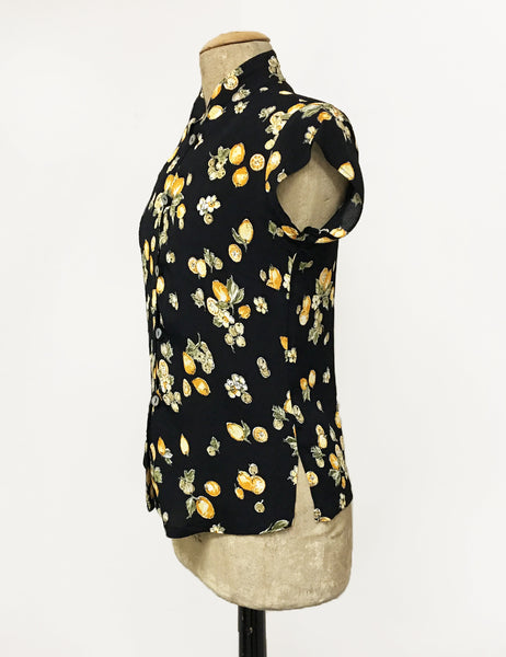 Black Lemon Print Mandarin Collar Button Up Tea Timer Top