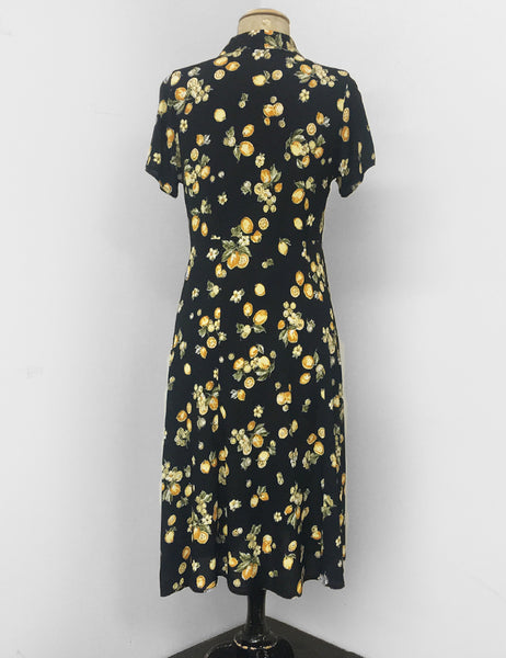 Black Lemon Print Short Sleeve Vintage Day Dress