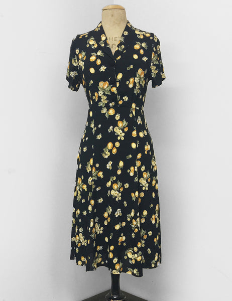 Black Lemon Print Short Sleeve Vintage Day Dress