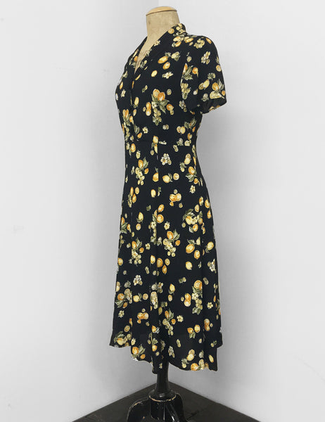 Black Lemon Print Short Sleeve Vintage Day Dress