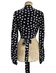Black Mermaid Seashell Dot Print Babaloo Drama Sleeve Wrap Top