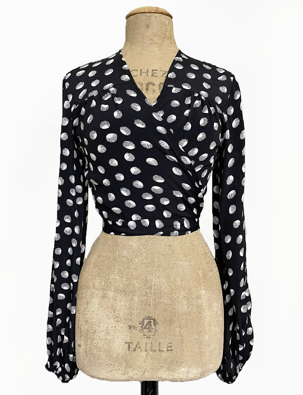 Black Mermaid Seashell Dot Print Babaloo Drama Sleeve Wrap Top