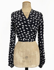 Black Mermaid Seashell Dot Print Babaloo Drama Sleeve Wrap Top