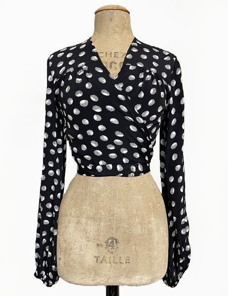 Black Mermaid Seashell Dot Print Babaloo Drama Sleeve Wrap Top