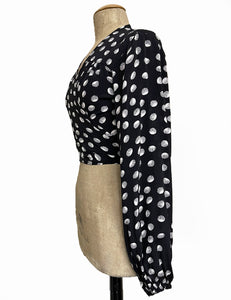 Black Mermaid Seashell Dot Print Babaloo Drama Sleeve Wrap Top