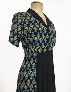 Nouveau Floral Short Sleeve Tea Length 1940s Contrast Day Dress