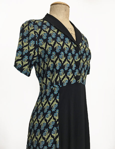 Nouveau Floral Short Sleeve Tea Length 1940s Contrast Day Dress