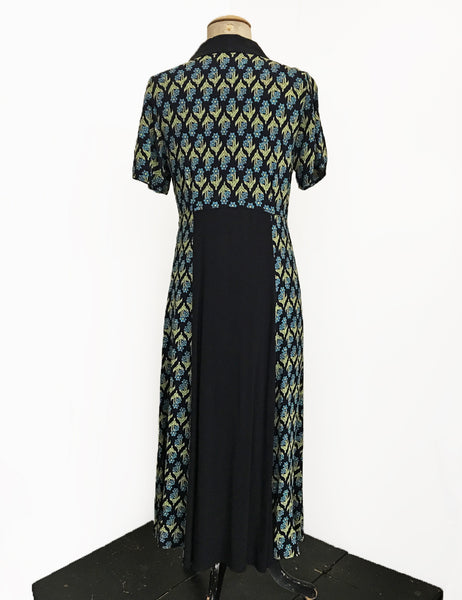 Nouveau Floral Short Sleeve Tea Length 1940s Contrast Day Dress