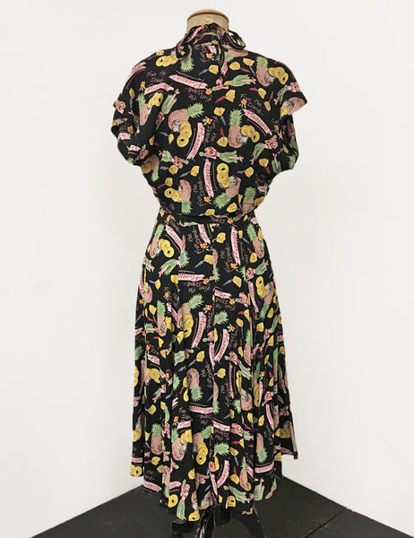 Black & Colorful Pineapple Princess 1940s Inspired Marta Halter Swing Dress