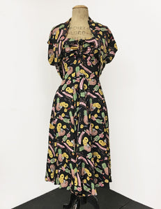Black & Colorful Pineapple Princess 1940s Inspired Marta Halter Swing Dress