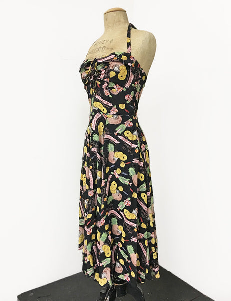Black & Colorful Pineapple Princess 1940s Inspired Marta Halter Swing Dress