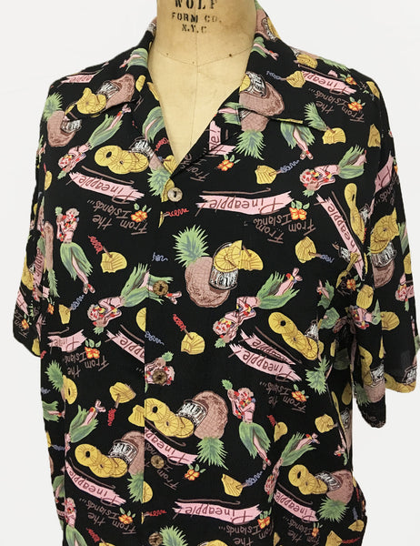 Black Pineapple Print Men's Sonny Button Up Hawaiian Shirt