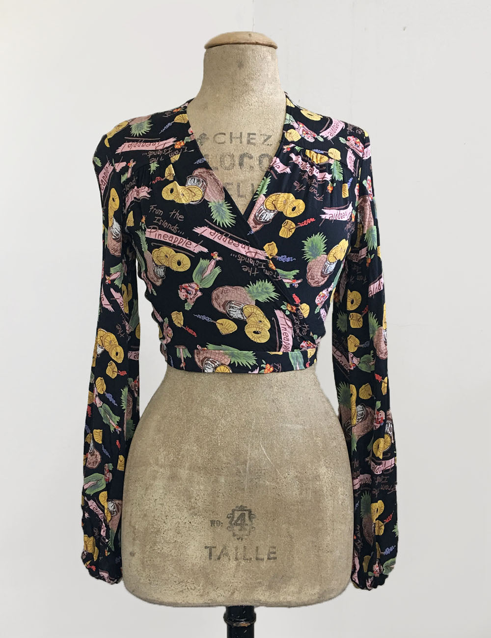 Black Pineapple Tiki Princess Balloon Sleeve Babaloo Tie Crop Top