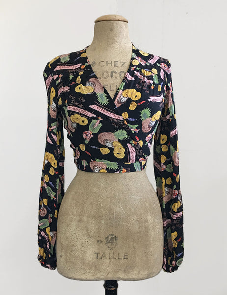 Black Pineapple Tiki Princess Balloon Sleeve Babaloo Tie Crop Top