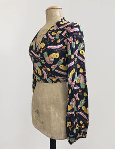 Black Pineapple Tiki Princess Balloon Sleeve Babaloo Tie Crop Top