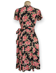 Black & Pink Corsage Floral Vintage Inspired Biasa Wrap Dress