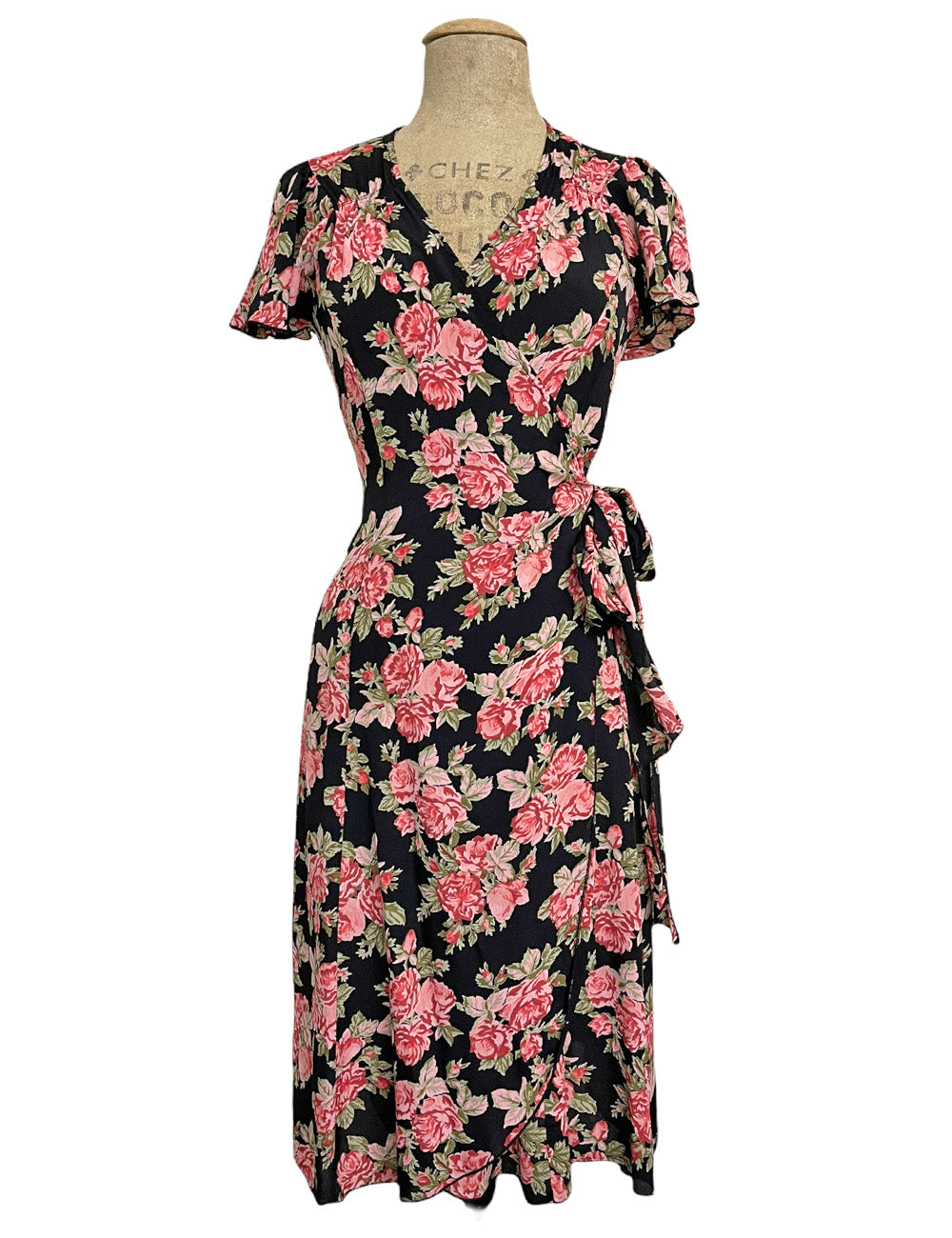 Black & Pink Corsage Floral Vintage Inspired Biasa Wrap Dress