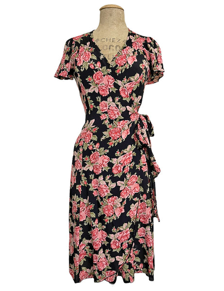 Black & Pink Corsage Floral Vintage Inspired Biasa Wrap Dress