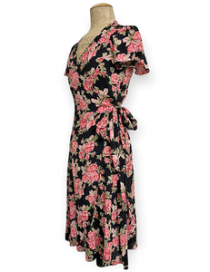 Black & Pink Corsage Floral Vintage Inspired Biasa Wrap Dress